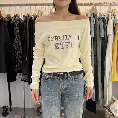 PLNH2026春季新款韩版时尚设计感宽松显瘦一字肩斜肩印花长袖T恤