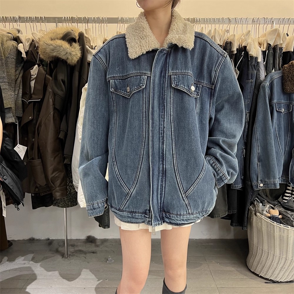 PLNH2025秋冬新款韩版设计感美式宽松保暖加绒羊羔毛牛仔外套女