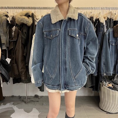 PLNH2025秋冬新款韩版设计感美式宽松保暖加绒羊羔毛牛仔外套女