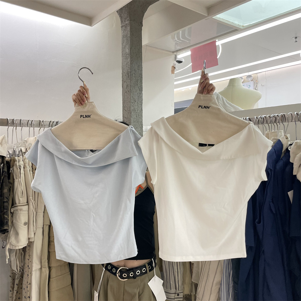 PLNH2025夏季新款韩版设计感宽松显瘦小众翻领斜肩短袖T恤女现货