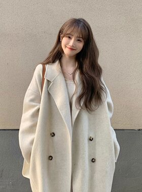 网红爆款米白色轻奢高级感名媛风呢子大衣女加厚中长款毛呢外套女