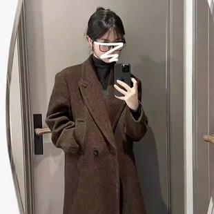 加厚过膝中长款 领咖色高级感毛呢大衣女秋冬新款 呢子外套 西装 韩版