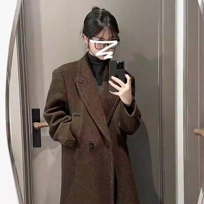 秋冬咖色过膝中长款毛呢大衣韩版