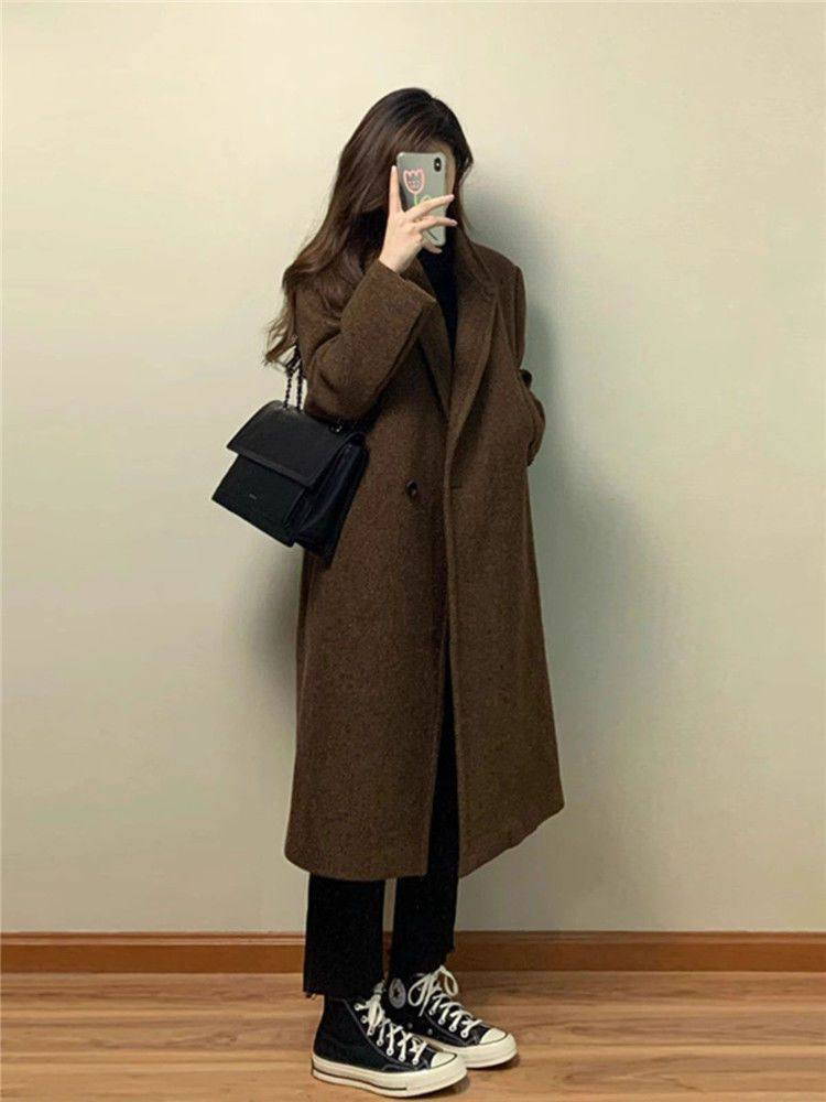 加厚咖色韩版西装领高级感毛呢大衣女秋冬新款过膝中长款呢子外套