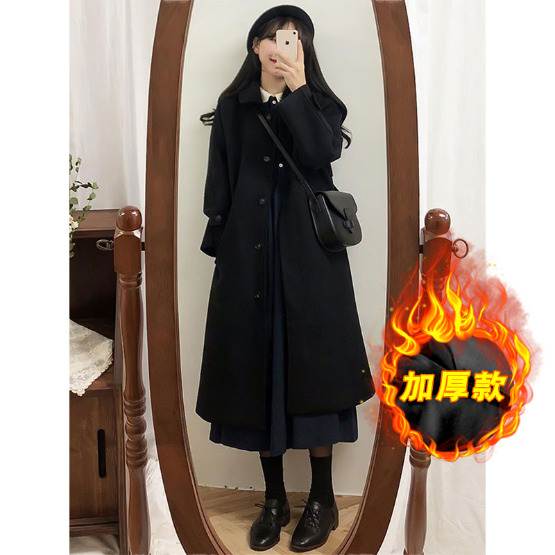 赫本风黑色毛呢女外套秋冬季新款ins设计感牛角扣中长款呢子大衣