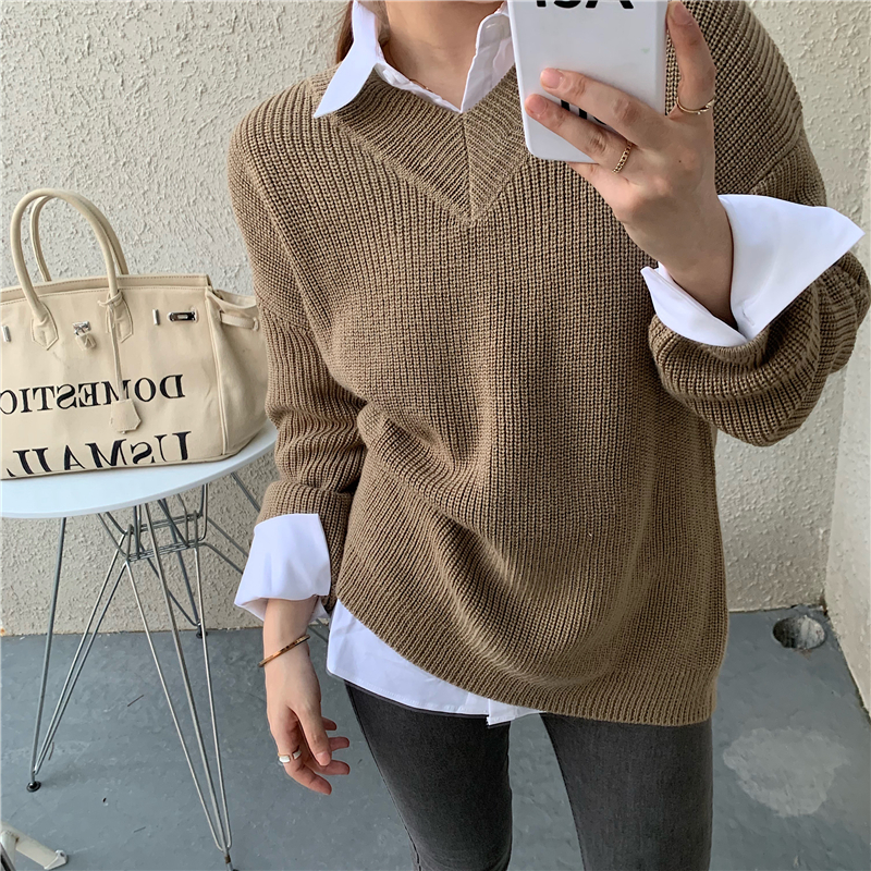 Real price Slouchy V-Neck Sweater + versatile Lapel shirt