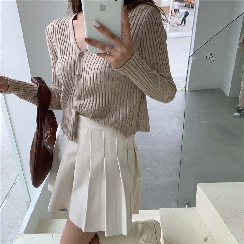 Real price V-neck pit stripe knitted cardigan Top + autumn and winter versatile high waisted pleated skirt