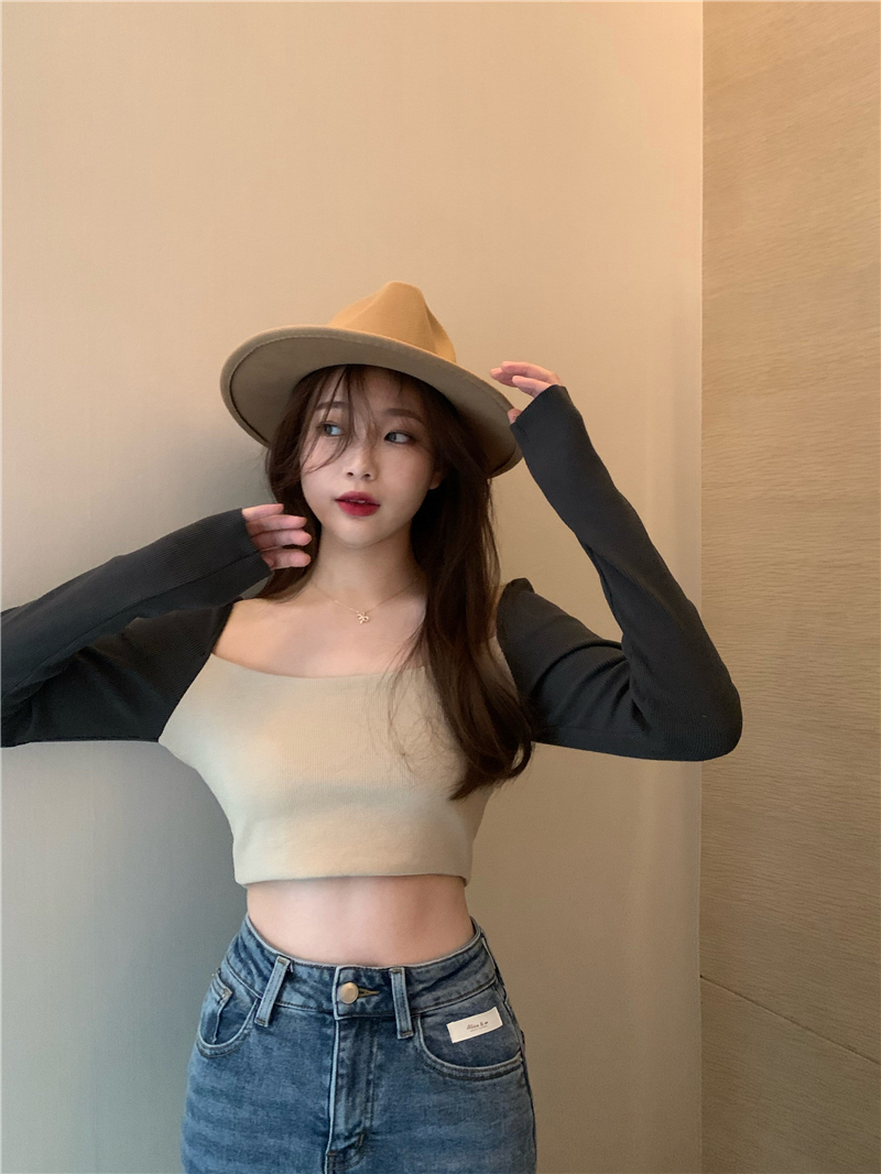 Real shot real price retro versatile temperament color matching little sexy belly button top