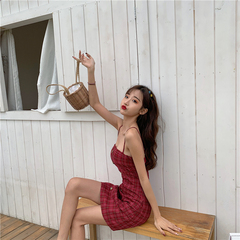 Real price spring new retro Plaid open back bandage dress