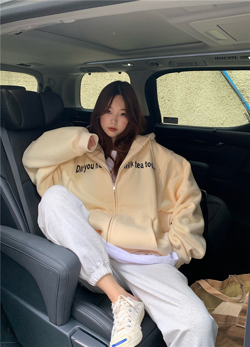 Real shot real price no less lazy style loose embroidered letter zipper hooded cotton cardigan cardigan