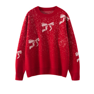 新年新毛衣全羊毛套头宽松蝴蝶结女装本命年红色冬日针织衫打底衫