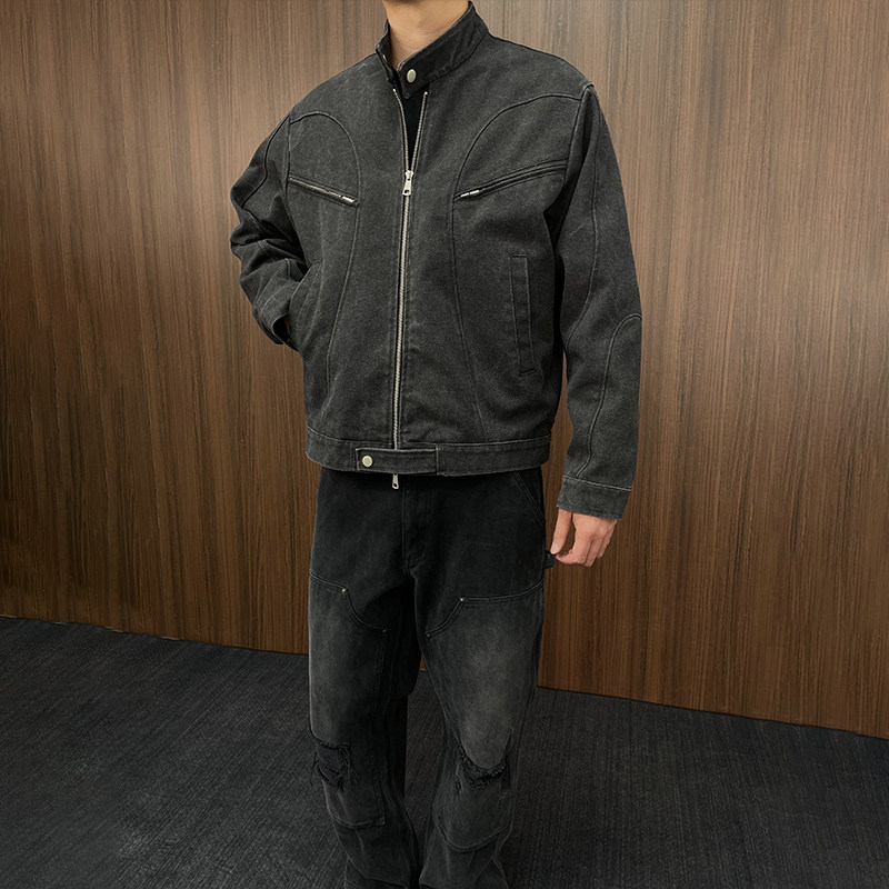 Unblank 2025春季新品重磅水洗拼接哈灵顿夹克男短款外套cleanfit