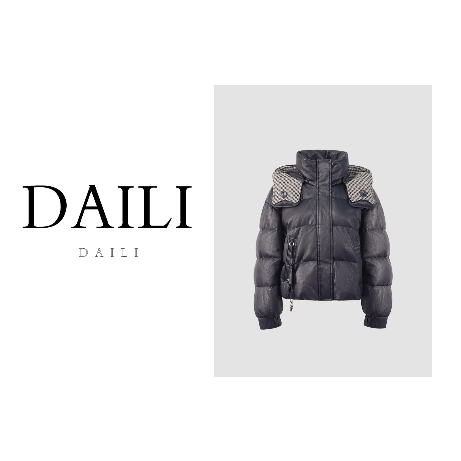 黛利新款时尚连帽格子短款保暖羽绒服女DLLLGB-265089