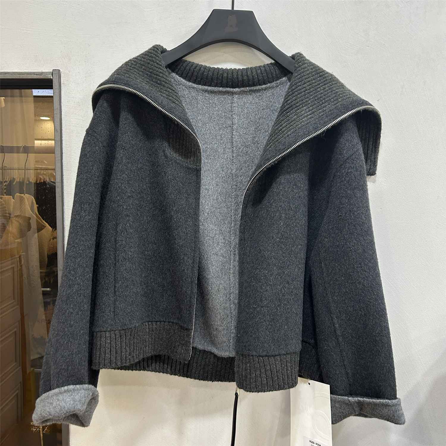 欧洲站2025秋季新款连帽拉链羊毛大衣针织翻领女宽松百搭显瘦外套