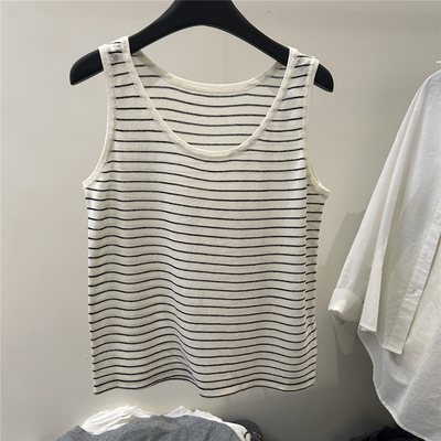 韩国货2026春夏季新百搭显瘦圆领条纹针织亚麻无袖背心女上衣潮款