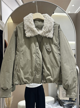 羊羔毛领短外套女军绿色翻领夹棉保暖百搭棉服外套