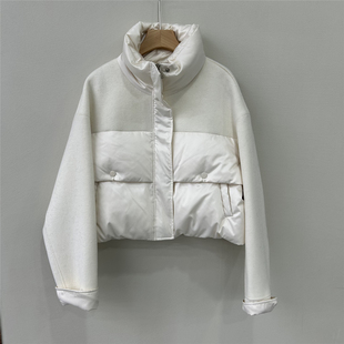 欧洲站欧货设计感立领羊毛拼接羽绒服女短款白色拉链鹅绒外套高级