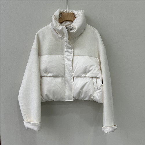 欧洲站欧货设计感立领羊毛拼接羽绒服女短款白色拉链鹅绒外套高级