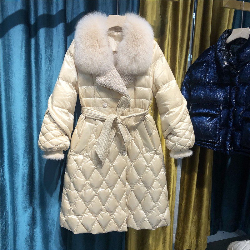 欧洲站欧货2024新款白鸭绒羽绒服修身气质中长款大狐狸毛领