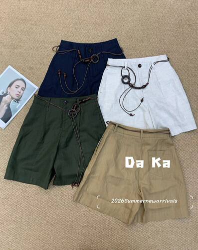 欧洲站2026年夏季新款麻料直筒短裤女韩版绑带显瘦透气裤子潮