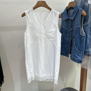 欧洲站欧货轻熟法式 背心女白色百搭显瘦吊带裙 风V领蕾丝拼接无袖