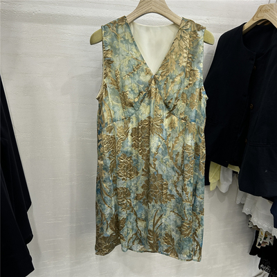 V领印花侧开叉无袖连衣裙女