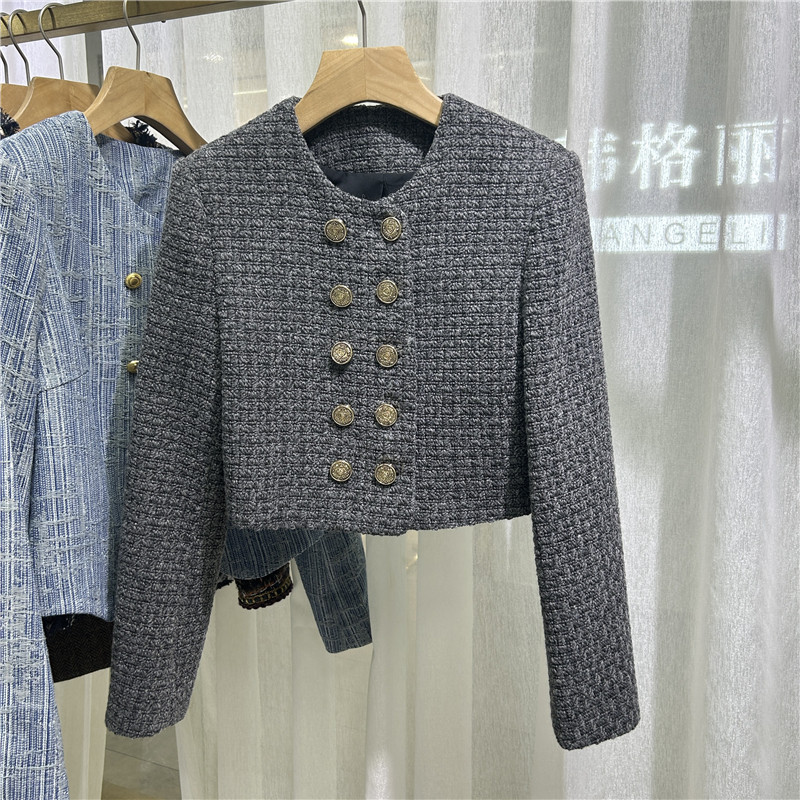 欧洲站欧货2025秋季新款羊毛小香风粗花呢外套女短款气质双排扣