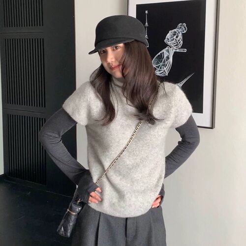 韩代ego2026秋冬季温柔软糯短袖针织毛衣女两件套羊毛衫显气质