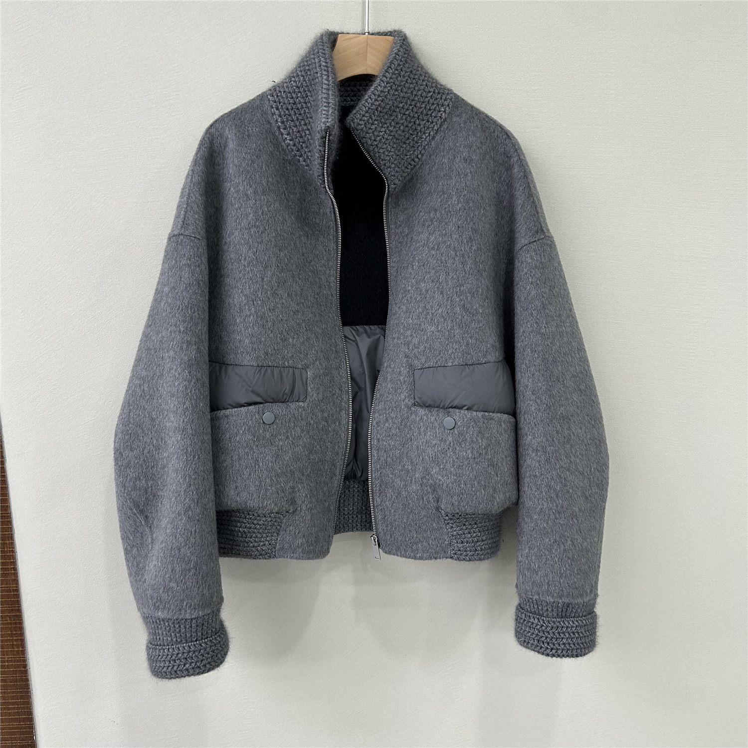 欧洲站欧货时尚立领羊毛短外套女百搭毛呢大衣拼接白鹅绒羽绒外套