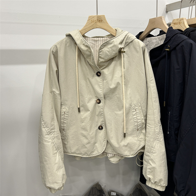 欧洲站欧货2026春季新款连帽抽绳短外套女百搭宽松休闲棉质夹克