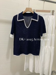 针织衫 欧洲站2025秋季 翻领拼接花边短袖 新款 女宽松显瘦上衣潮 时尚