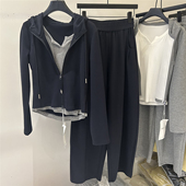 2026春新松紧高腰宽松显瘦阔腿裤 韩版 学院风减龄假两件卫衣女套装