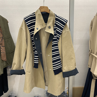 设计感撞色条纹风衣外套女秋季宽松休闲中长款卡其色大衣