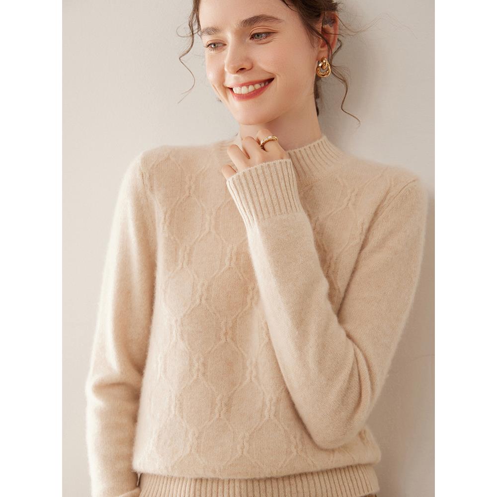 35%山羊绒衫65%羊毛针织打底秋冬女毛衣羊毛衫新款宽松半高领加厚