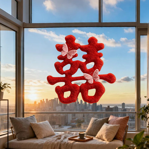 2026新款红毛绒喜字静电窗贴