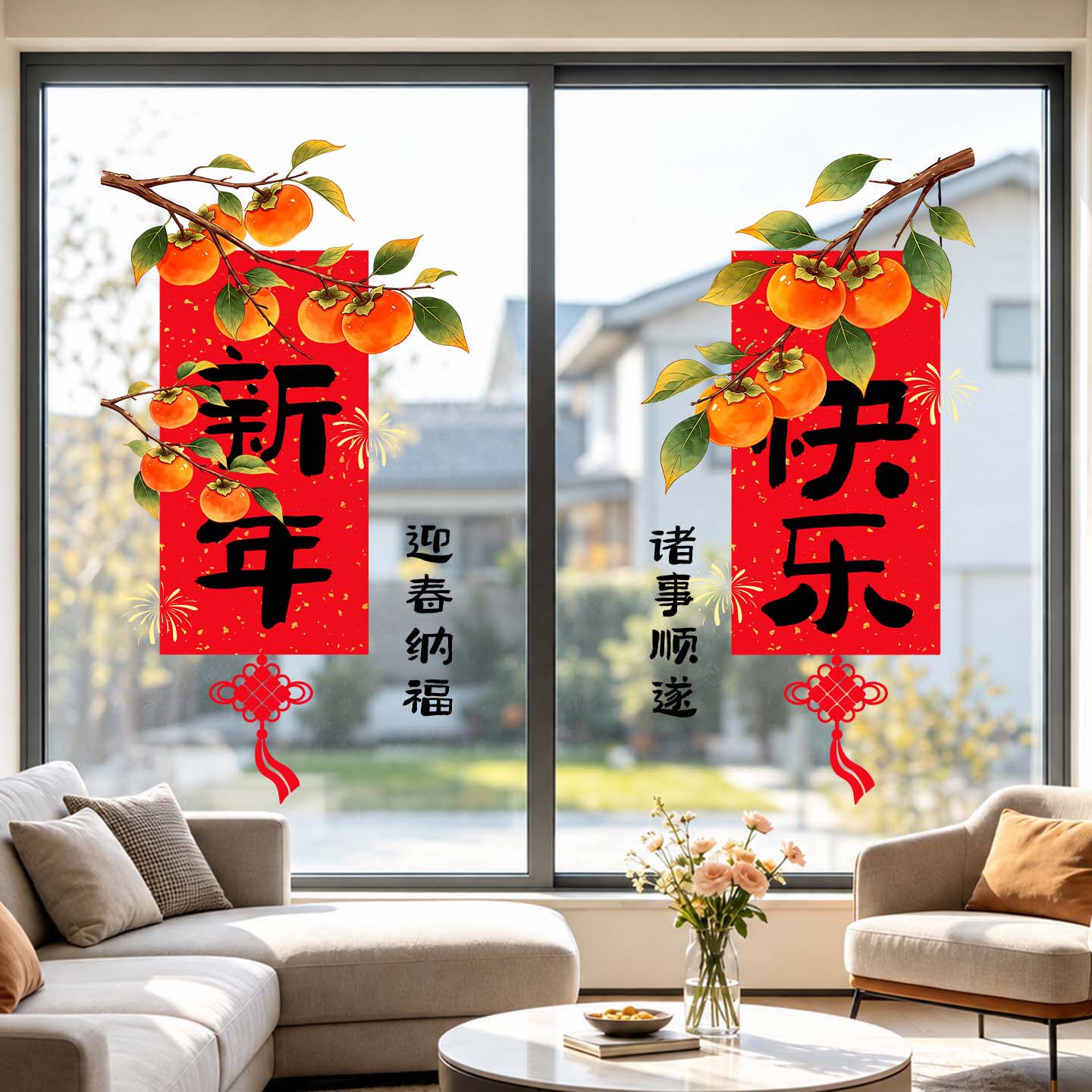 2027新年双面红柿子福字窗贴
