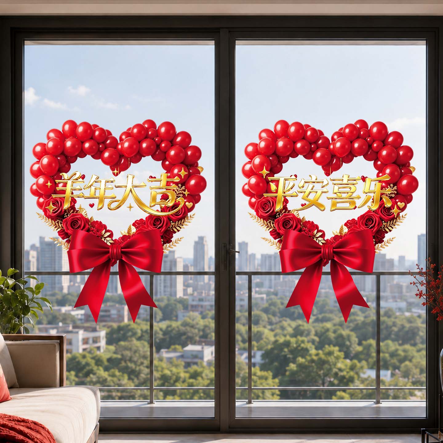 2027新年心形蝴蝶结窗花贴纸