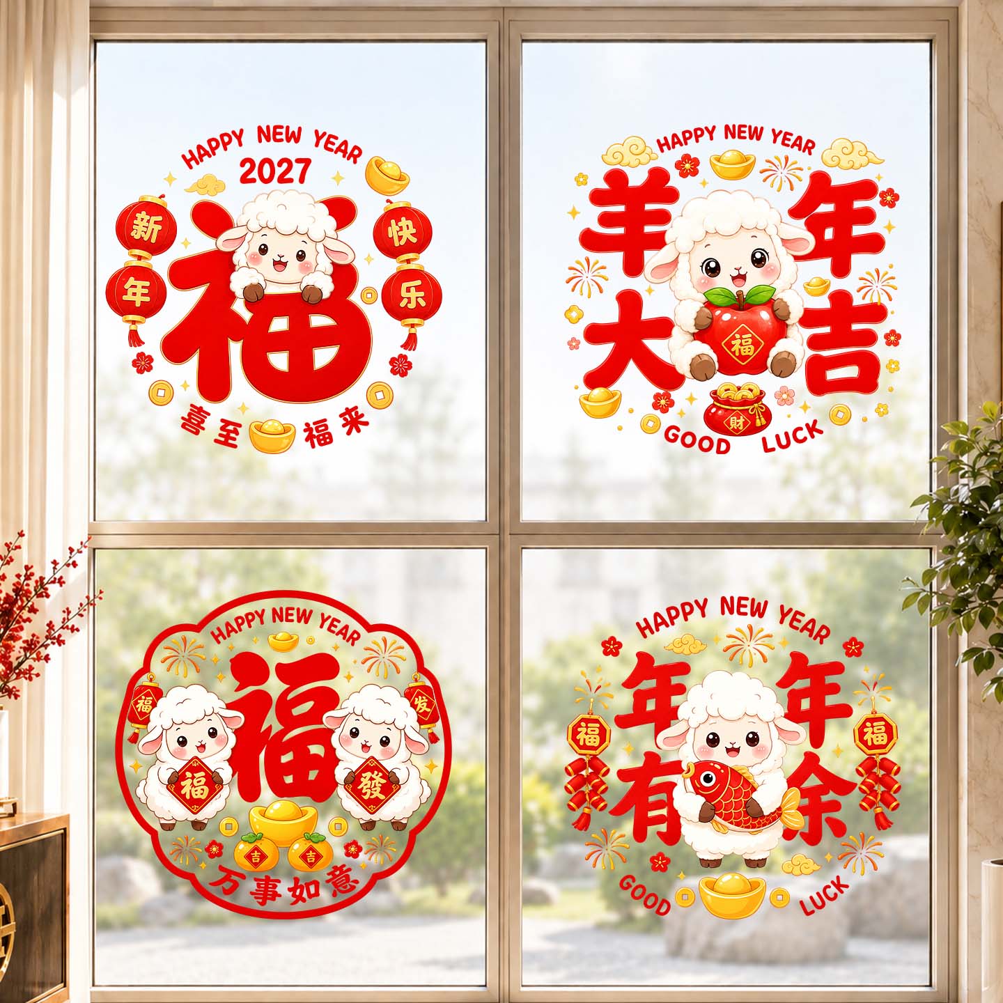 2027羊年新年福字窗花静电贴
