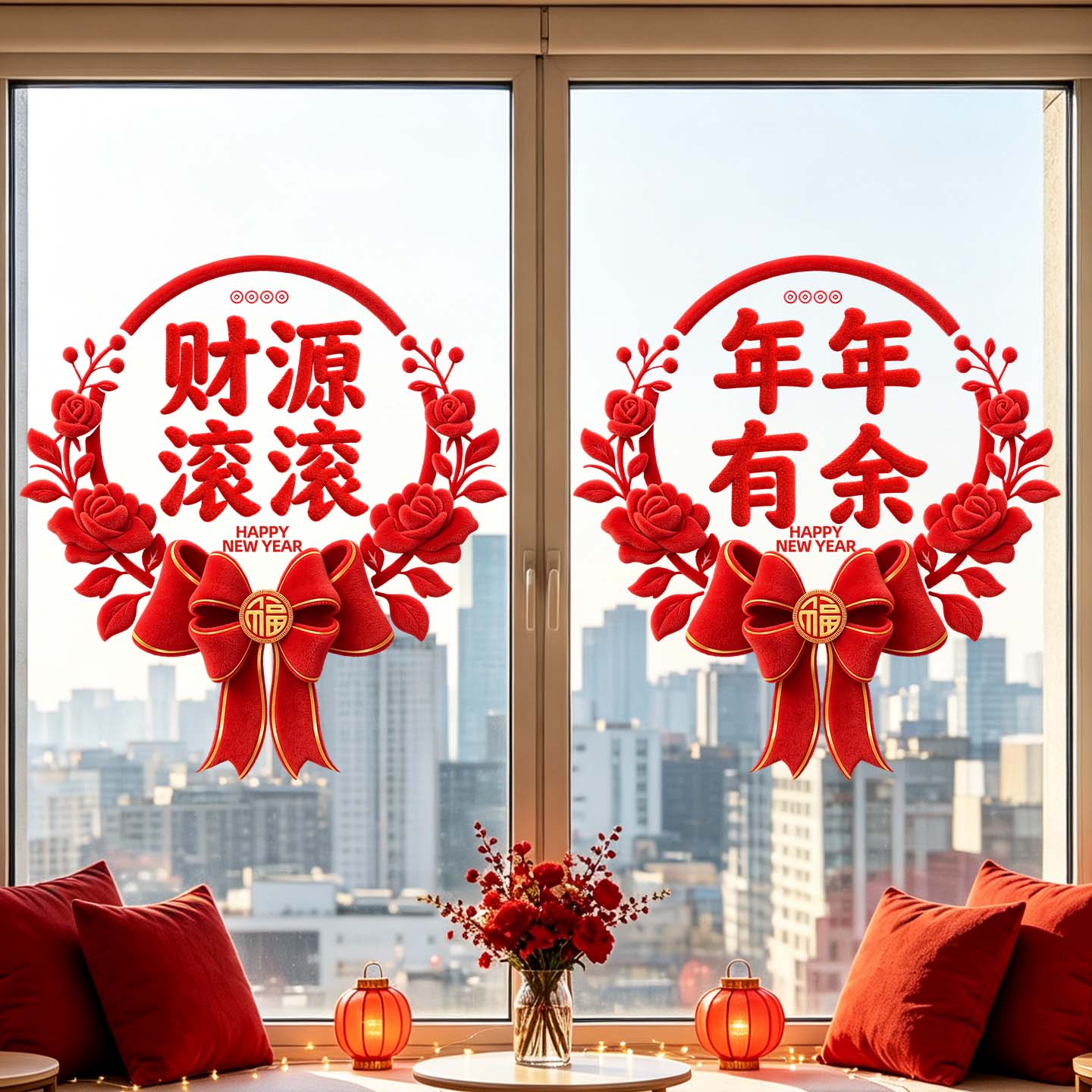 2027新年红色蝴蝶结无痕贴纸