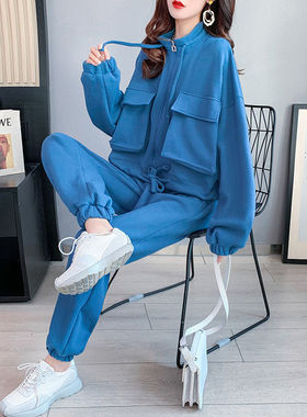 春秋卫衣运动休闲套装女开衫拉链宽松韩版时尚束脚高腰卫裤两件套