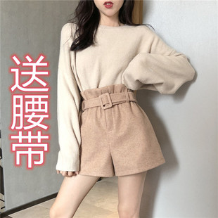 秋冬季新款韩版毛呢短裙裤女外穿直筒高腰a字显瘦阔腿打底靴裤潮