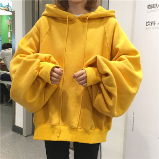 秋冬新款韩版原宿风bf大码胖mmf宽松灯笼袖连帽学生套头卫衣女潮