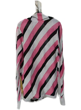 ARNALDO BASSINI玫红黑色灰色金丝 三色条纹薄款开衫外套针织衫