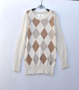 A12乳白色菱形图案学院风大圆领女款修长版中长款打底毛衣160-165