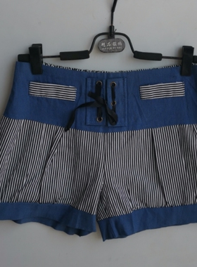 春夏新款蓝色顺条纹牛仔短裙女装热裤牛仔裤155-160CM