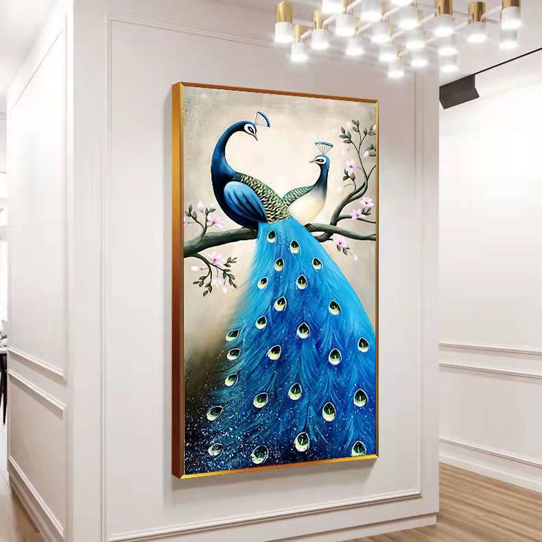 入门正对门壁画进门口挂画寓意好的玄关孔雀高级感客厅大气钻石画