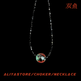 AliyaStore/原创手作【双鱼】天然黑尖晶choker手工琉璃小鱼项链