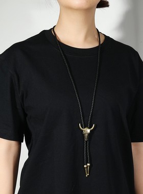 合金皮绳男女复古牛头项链领带长