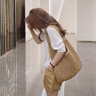 侧面cm单肩大容量斜挎草包女夏帆布袋海边度假沙滩编织包包草编包