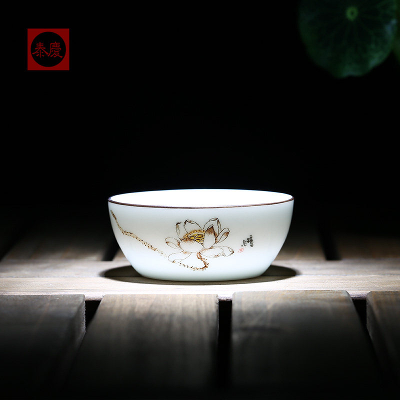 饮和食德茶具高白瓷独秀大号普尔茶杯浅式功夫半手工荷花精品品茗